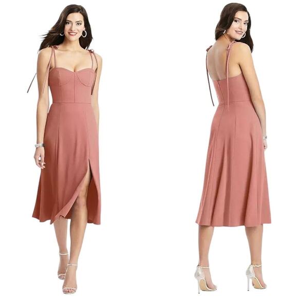 NWT Dessy Collection 3069 BUSTIER CREPE MIDI DRESS bow strap Desert Rose size 12 - Picture 1 of 8